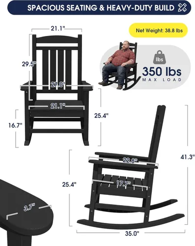 Miniatura 3 de Mecedoras de exterior KINGYES, mecedoras de patio todo clima de HDPE con respaldo alto para adultos, de color negro Negro oscuro