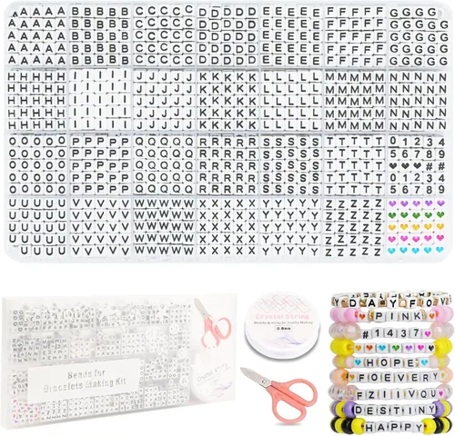 Miniatura 8 de FZIIVQU Kit de 1450 Piezas de Cuentas de Letras, 4x7 mm Cuentas de Alfabeto de Acrílico Blanco para Hacer Joyas, Cuentas de Corazón de Número