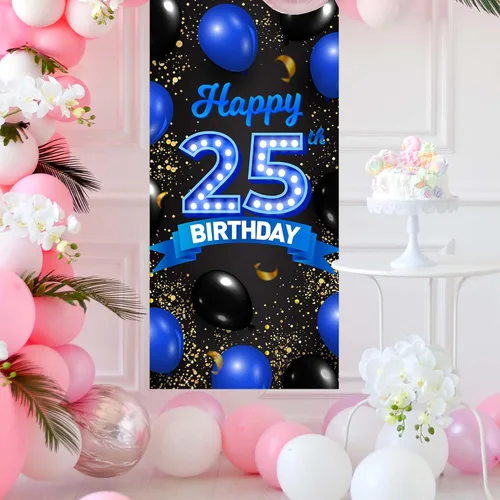 Miniatura 7 de Cartel de feliz cumpleaños 25 color azul y negro, decoración temática de globos de confeti para mujeres de 25 años, suministros de cumpleaños