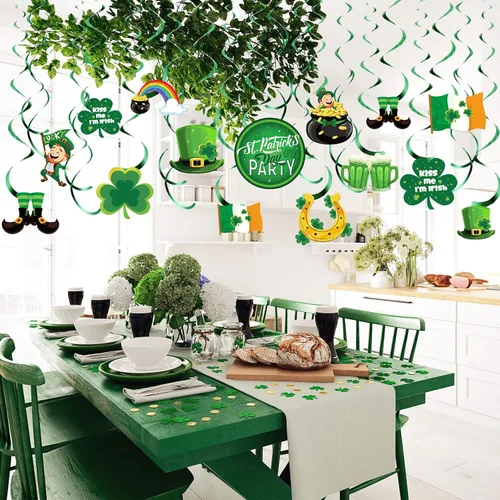 Miniatura 7 de 30 piezas de decoración colgante del día de San Patricio, trébol irlandés de la suerte, trébol, duende, herradura, letrero de papel de aluminio