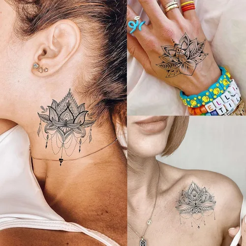 Miniatura 4 de EGMBGM 15 hojas de tatuajes temporales de loto negro sexy para mujeres, novias de boda, joyería falsa tribal, colgante de encaje, luna, polilla