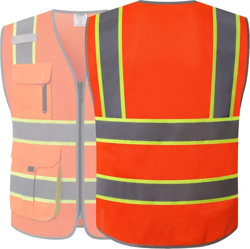 Miniatura 2 de JKSafety Chaleco de seguridad de malla de alta visibilidad con 9 bolsillos para hombres y mujeres, Chaleco reflectante de seguridad, cremallera
