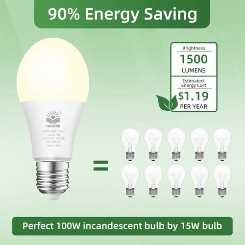 Miniatura 3 de Bombilla LED A19, bombillas LED equivalentes a 100 W, 2700 K blanco cálido, 1500 lúmenes, base E26 estándar, no regulable, bombillas superbrillantes