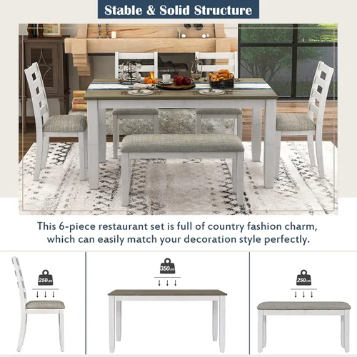 Miniatura 6 de Harper & Bright Designs Juego de mesa de comedor de granja de 6 piezas con banco, mesa de comedor de madera con 4 sillas y un banco para cocina