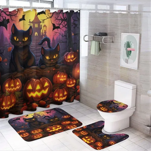 Miniatura 9 de Juego de 4 cortinas de ducha de Halloween, gato negro, luna llena, calabaza aterradora, cortina de ducha y alfombras, juego de cortina de ducha