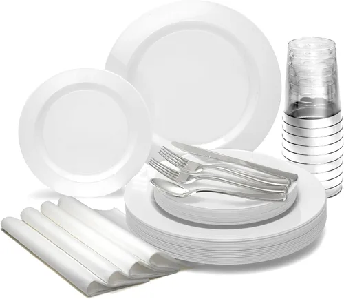Miniatura 9 de OCCASIONS 50, 150, 200 piezas lisas (para 25 invitados) 10.5 pulgadas, 7.5 pulgadas + cubiertos Hotel Plain White