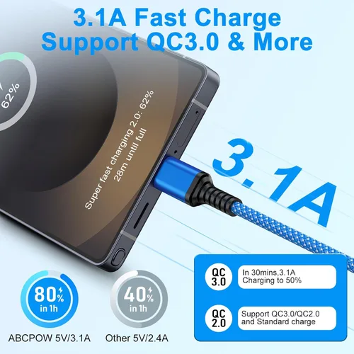 Miniatura 3 de Cable de carga rápida para Samsung Galaxy S26 Ultra A17 Z Fold7 Z Flip7 FE S25 Edge S25 S25+ A36 A16 5G S24, cable de carga Android de 6 pies tipo