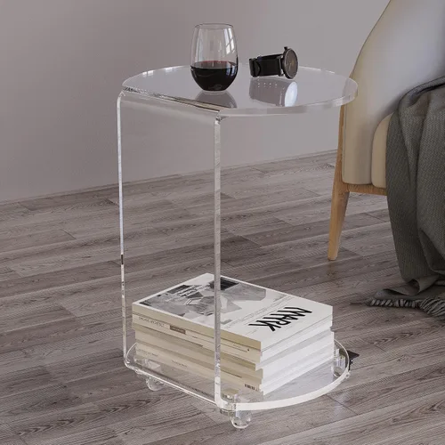Miniatura 3 de ONELUX Mesa de sofá lateral redonda de acrílico en forma de C con ruedas, mesa de decoración rodante transparente para sala de estar o dormitorio