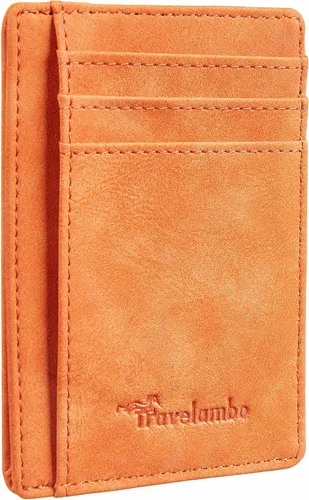 Travelambo - Cartera de piel minimalista con bolsillo frontal, tamaño mediano, cartela delgada, RFID (dispositivos de identificación por