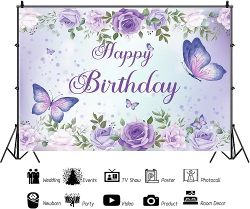 Miniatura 9 de Pancarta de cumpleaños de mariposa morada para mujeres y niñas (59 x 36 pulgadas), pancarta morada para decoración de feliz cumpleaños para mujeres