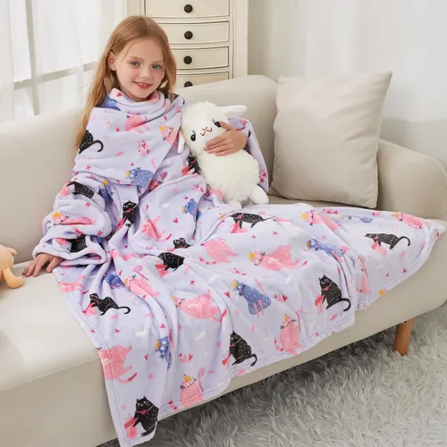Softan Manta de forro polar para niños con mangas y bolsillo para el pie para niños y niñas, manta ligera y suave, diseño de gato