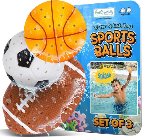 ArtCreativity Pelotas deportivas, juguetes para salpicaduras de agua, juego de 3, juguetes de baño esponjosos para niños, 3 diseños diferentes de