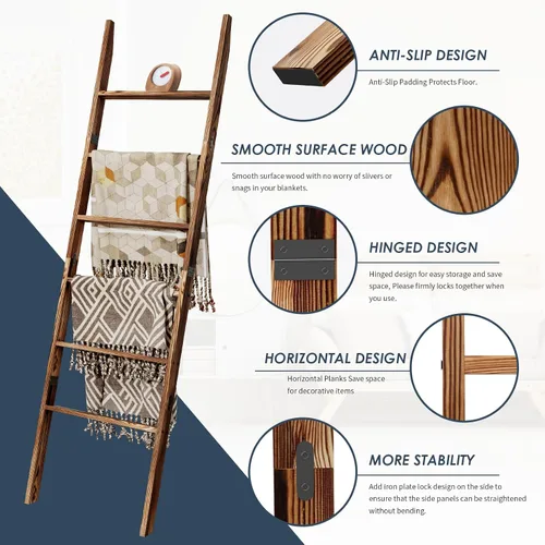 Miniatura 4 de Escalera de madera para manta de 6 niveles, 5.7 pies (66.5 pulgadas), soporte para mantas, colchas y toallas, escalera decorativa, fácil montaje
