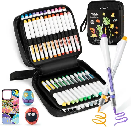 Ohuhu Plumones de pintura acrílica con punta de pincel: Juego de 48 marcadores automáticos de control de tinta con alta opacidad, impermeables y
