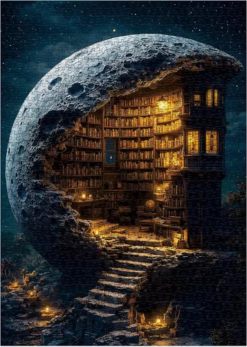 Miniatura 8 de Rompecabezas de biblioteca espacial de fantasía para adultos, 1000 piezas, rompecabezas de libro de arte misterioso, planeta, estantería mágica