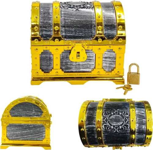 Miniatura 4 de Cofre del tesoro pirata para niños, caja de almacenamiento de plástico con borde dorado con cerradura y llave para juegos de caza para niños, fiesta
