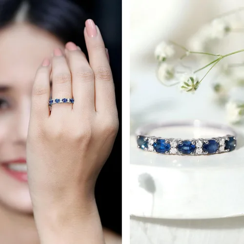 Miniatura 2 de Natural Blue Sapphire Diamond Wedding Band, AAA Quality, Blue Sapphire East West Ring For Women - Ideal For Gift