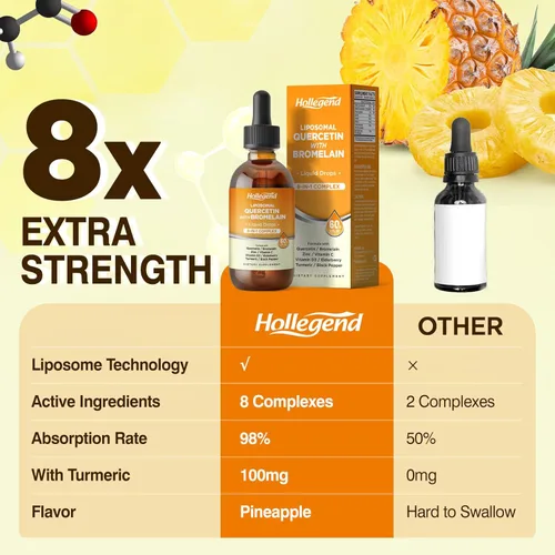 Miniatura 6 de Quercetina liposomal con gotas líquidas de bromelina, 8 en 1 quercetina orgánica 1000 mg suplementos con bromelina 500 mg, vitamina C, D3, zinc