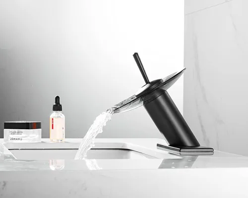 Miniatura 7 de Grifo de baño con boquilla de vidrio negro, cascada de una sola manija, un agujero, grifo para lavabo de lavabo, mezclador con placa de cubierta