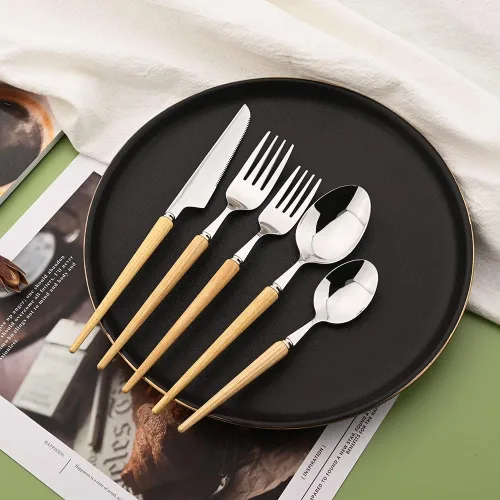 Miniatura 4 de Juego de cubiertos de acero inoxidable para 4 Uniturcky 24 piezas con cuchillos para carne, juego de cubiertos con mango de madera para el hogar