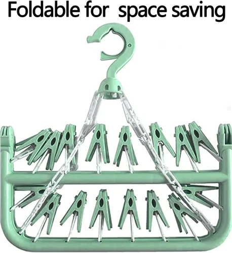 Miniatura 3 de Percha para secar ropa con 32 pinzas y percha plegable para colgar (Verde Claro)