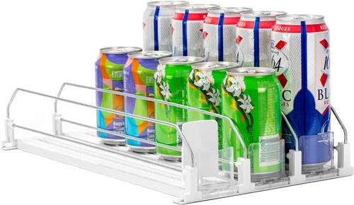 Rula Organizador de bebidas para refrigerador, ancho ajustable, empujador de botellas de agua, dispensador de latas de soda autoempujable para