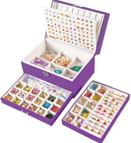 Miniatura 37 de Joyero de pendientes para mujeres y niñas, organizador de aretes de 5 capas, caja organizadora de joyas blanca con candado, collares y aretes