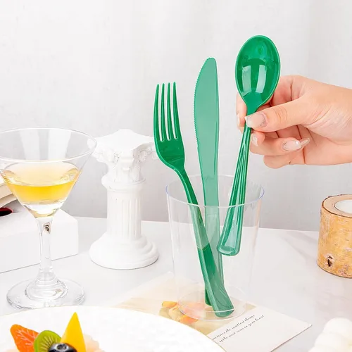 Miniatura 4 de WDF 160 cubiertos de plástico verde, cubiertos resistentes que incluyen 80 tenedores, 40 cucharas, 40 cuchillos, utensilios de plástico verde