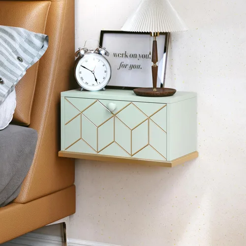 HLR Mesita de noche flotante, pequeña mesita de noche con puerta de solapa, mesita de noche flotante montada en la pared para dormitorios, verde