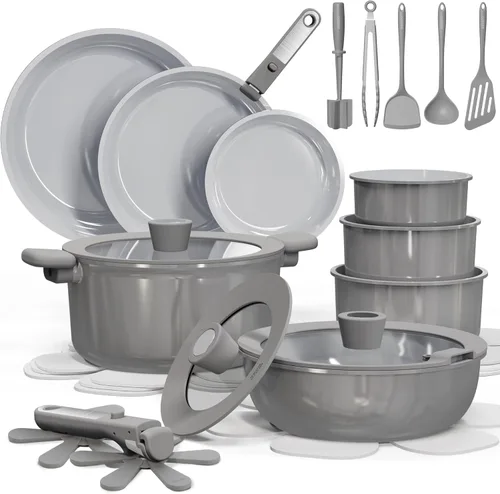 CAROTE Juego de 27 piezas de utensilios de cocina de cerámica antiadherentes, juego de ollas y sartenes antiadherentes, utensilios de cocina no Verde