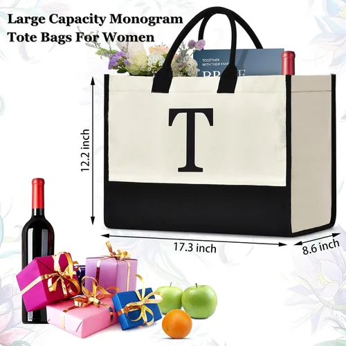 Miniatura 135 de Initial Canvas Tote Bag Birthdays Gift for Women Mom Teacher Friend Bridesmaid,Custom for Wedding Beach Holidays