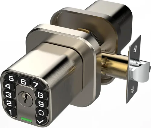 Richelock Pomo de puerta cuadrado con teclado, cerradura de puerta de entrada Keylees con cilindro, bloqueo automático, impermeable y resistente a