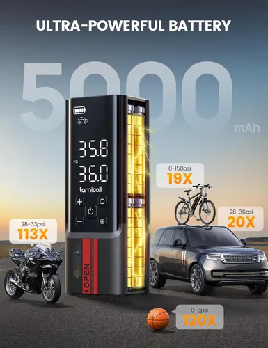 Miniatura 4 de Lamicall Inflador portátil de neumáticos de automóvil, compresor de aire [150 PSI] [4 veces más rápido], bomba de aire inalámbrica para automóvil