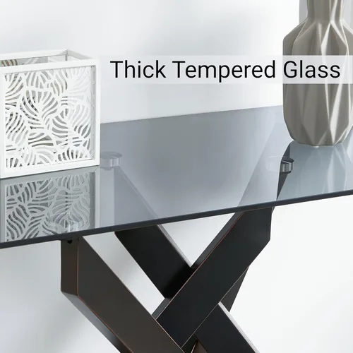 Miniatura 4 de Edwin's Choice Mesa consola de vidrio negro estrecha con parte superior de vidrio templado gris y patas tubulares de metal negro con borde dorado