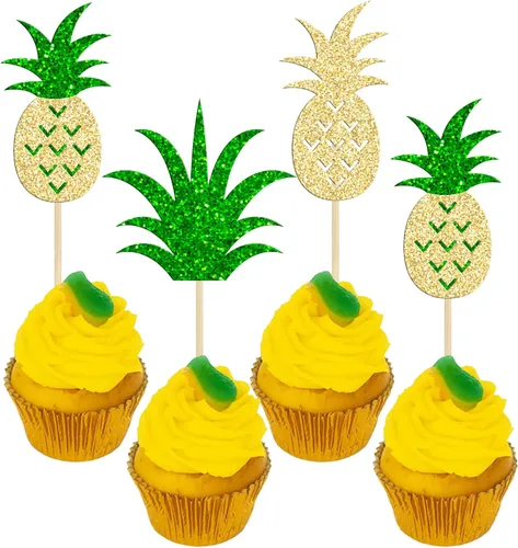 Miniatura 10 de 36 piezas de adornos para cupcakes de piña verde con purpurina verde para Luau despedida de soltera, fiesta de verano tropical, decoración