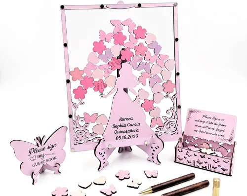 Quinceanera Guest Book Alternative, Personalized Wooden Acrylic Princess Dress Frame with Butterfly Drop Chips, Custom Name Date Sign in Keepsake Set