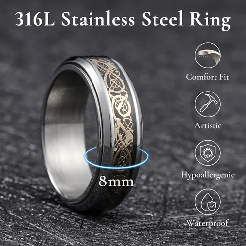 Miniatura 94 de King Will Anillo giratorio de acero inoxidable 316L para hombres y mujeres, 0.315 in de dragón/nudo celta, anillo para ansiedad para aliviar