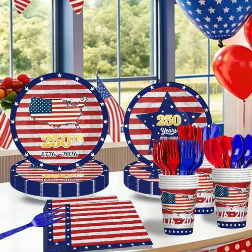 Miniatura 4 de 168 piezas de suministros para fiesta del Día de la Independencia del 4 de julio, platos y servilletas, tazas, cuchillo y tenedor para 250