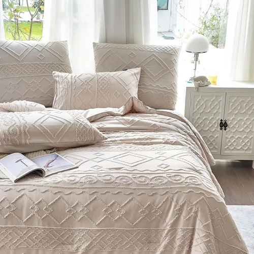 Miniatura 2 de Edredón con Mechones Tamaño King Juego de 3 Piezas Beige Boho Decoración de Dormitorio Estilo Granja para Todas las Estaciones Edredón Tamaño King