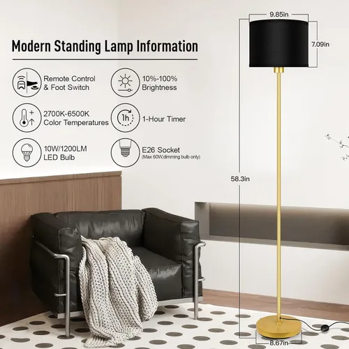 Miniatura 3 de Lámparas de pie doradas para sala de estar, lámpara de pie regulable sin escalones con control remoto, temperatura de color y brillo ajustables