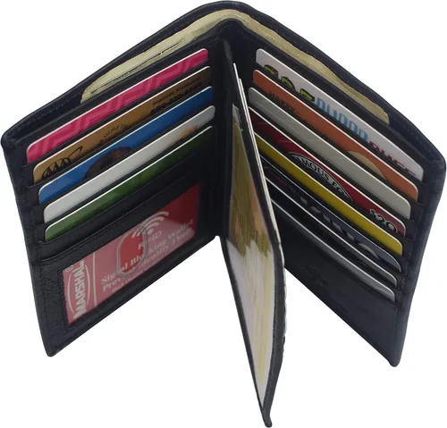 Miniatura 5 de Marshal Cartera plegable de cuero genuino con bloqueo RFID para hombres, ranuras para tarjetas, 2 compartimentos para billetes, ventanas