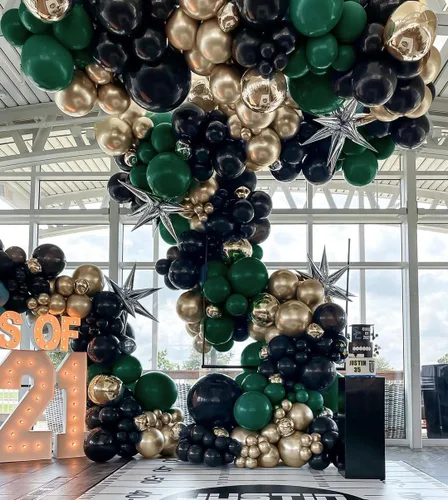 Miniatura 2 de Guirnalda de globos de color negro, verde y dorado, doble relleno, globos verde oscuro, kit de arco de globos negros y dorados para graduación