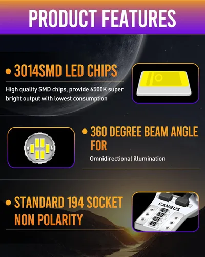 Miniatura 2 de 168 194 Bombilla LED de xenón blanco T10 2825 W5W 18-SMD 3014 Chipsets LED de repuesto Canbus libre de errores para domo, mapa, puerta, cortesía