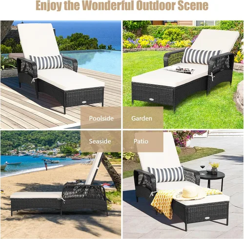 Miniatura 5 de HAPPYGRILL Tumbona de patio al aire libre de mimbre reclinable con cojín grueso, almohada lumbar, respaldo ajustable para jardín, porche, césped