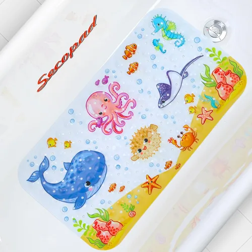 Secopad Tapete de baño antideslizante para bañera, lavable a máquina, antideslizante, con dibujos animados, con agujeros de drenaje y ventosas para