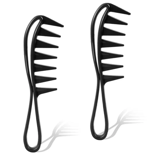 Miniatura 9 de Peine de dientes anchos para rizos, 2 peines de dientes grandes, peines de dientes de tiburón, peine de pelo de plástico duradero, peine de Ámbar