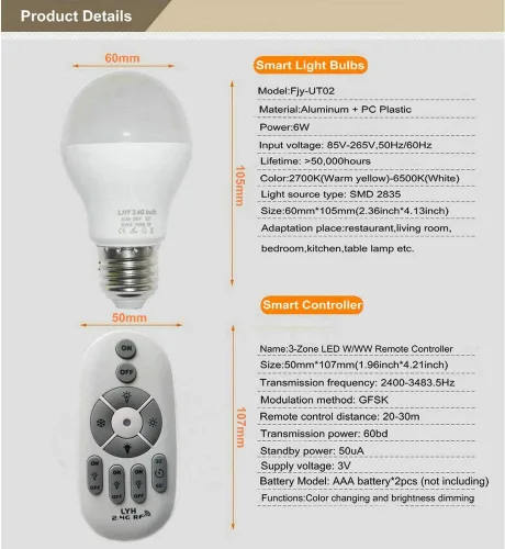Miniatura 4 de Bombillas LED inteligentes E27 de 6 W regulables con control remoto inalámbrico de 3 zonas de 2.4 GHz, temperatura de color ajustable (cálido/frío)