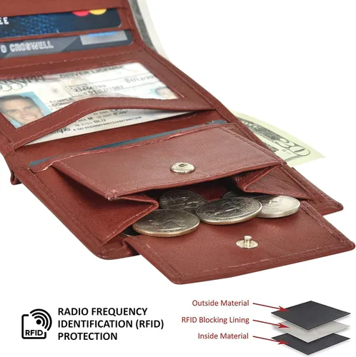 Miniatura 6 de LB LEATHERBOSS Billetera compacta delgada y compacta con bolsillo para monedas y identificación para niños, Borgoña, Billetera triple