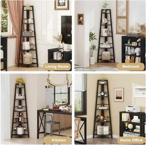 Miniatura 4 de BON AUGURE Estantería Esquinera de Escalera, Librero Esquinero de Madera y Metal Negro de 5 Niveles, Unidad de Estantería Estrecha y Alta