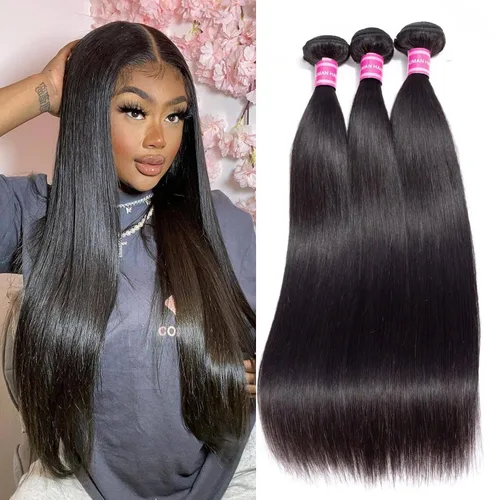 Miniatura 25 de 3 manojos de cabello humano lacio 100% sin procesar virgen brasileño paquetes de 10, 12, 14 pulgadas, mechones de cabello humano corto sin procesar